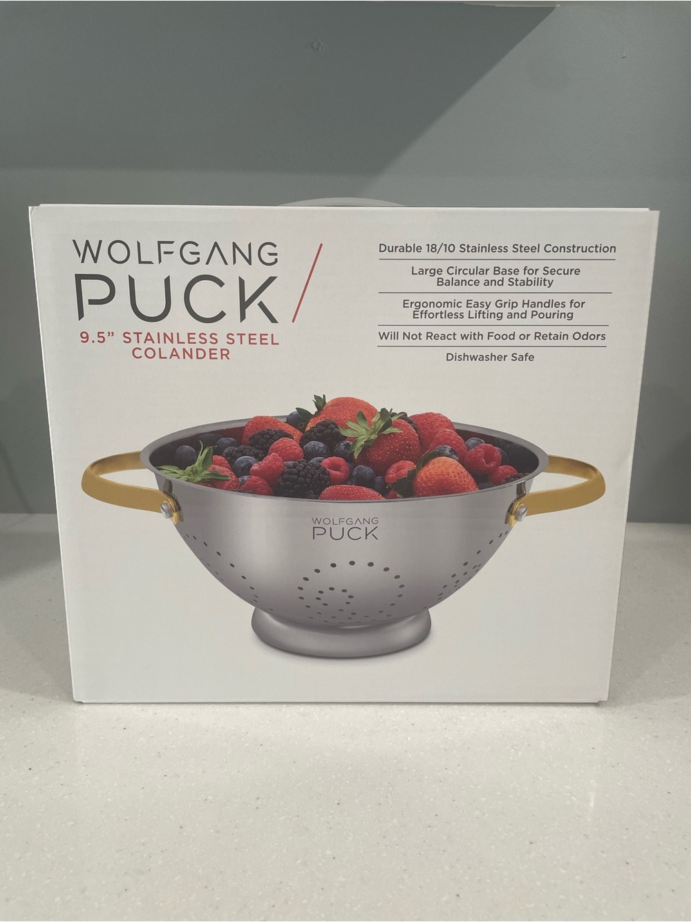 Wolfgang Puck 9.5” Stainless Steel Colander with Gold Handles – New in Box